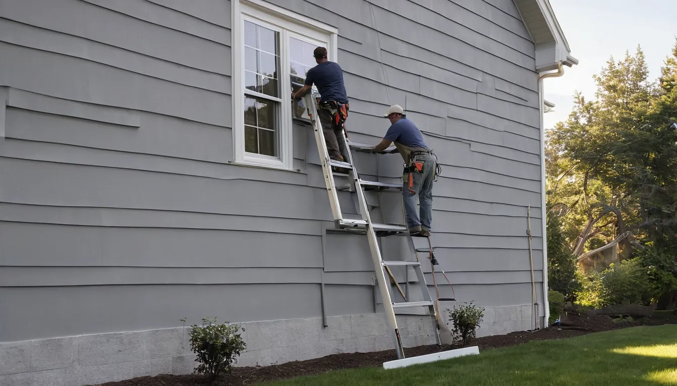 Local siding installer fitting new vinyl panels on a frame house in the New Lenox area
